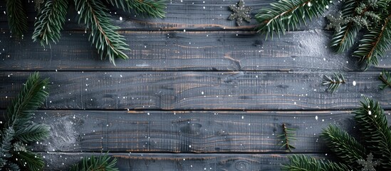 Poster - Top view of a Christmas themed gray wooden background adorned with a fir tree providing a designated area for your design or text in the copy space image