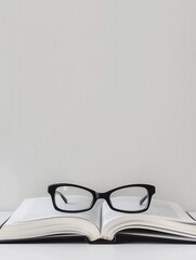 Poster - A black-framed pair of eyeglasses rests on top of an open book. Generative AI