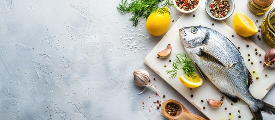 Wall Mural - Dorado fish displayed on a cutting board atop a white stone table surrounded by cooking ingredients viewed from above with copy space image