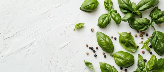 Poster - Top down view of fragrant basil and spices on a white wooden backdrop with ample room for additional text or images
