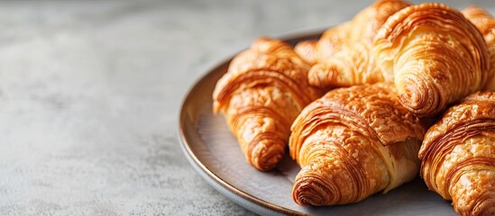Poster - Close up image showing a plate of delicious croissants on a table with ample copy space image