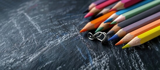 Aufkleber - Colorful sharp pencils in various hues like brown red yellow blue green violet pink purple lilac grey black white and orange are scattered around a sharpener on a blackboard with copy space image