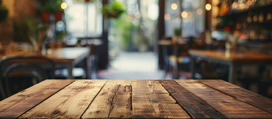 Poster - Brown wooden table with selective focus and blurred coffee shop or restaurant background ideal for a photomontage or product display as a copy space image
