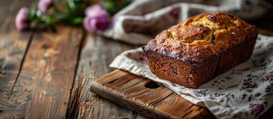 Poster - A delicious loaf of banana bread perfect for breakfast or a snack with a rustic touch displayed on a wooden cutting board with a floral napkin ready to enjoy presented in a copy space image