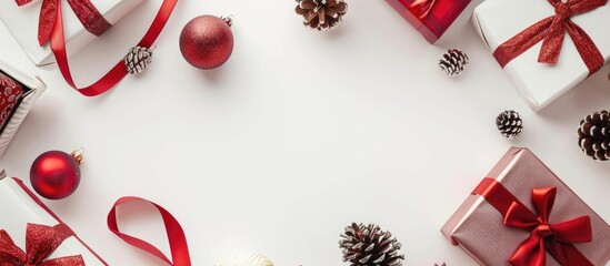 Poster - View from above of decorative Christmas gift boxes and balls on a white surface with copy space image