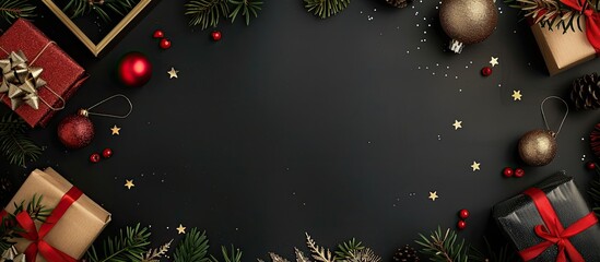 Fototapete - A classy black background with a stylish frame and festive gifts perfect for Christmas and New Year celebrations in a top down view copy space image