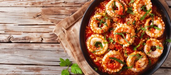 Canvas Print - Copy space image of calamari filled with rice in a savory tomato sauce