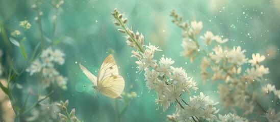 Wall Mural - A butterfly hovers over a lovely white wildflower against a soft turquoise and green backdrop creating an enchanting spring themed composition with a copy space image