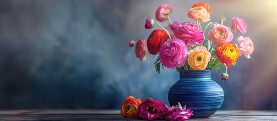 Aufkleber - Close up image of a stunning Persian buttercup bouquet in a blue vase on a wooden table in soft light with a horizontal background soft focus and copy space image
