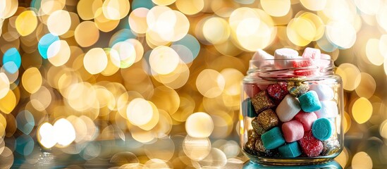 Aufkleber - Colorful dragees candies and marshmallows in a glass jar for a festive party setup against a golden backdrop with copy space image