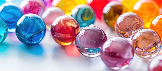 Wall Mural - Close up macro photo of colored marbles on a white background with copy space image