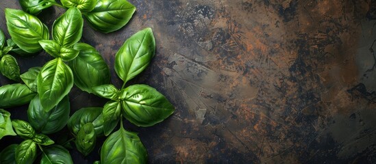 Aufkleber - Top view of basil a green herb used in cooking on a food background with space for text or images. Creative banner. Copyspace image