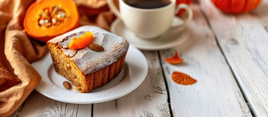 Poster - A close up side view of a homemade cake with persimmon and pumpkin served alongside a cup of coffee on a white wooden backdrop with an orange textile featuring copy space image