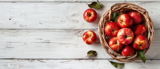 Leinwandbilder - A basket filled with fresh apples displayed on a white wooden surface with ample copy space for additional content in the image
