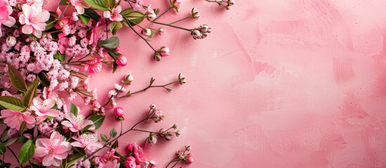 Leinwandbilder - Top down view of a floral arrangement on a pink background suitable for Easter providing space for text or images. Creative banner. Copyspace image