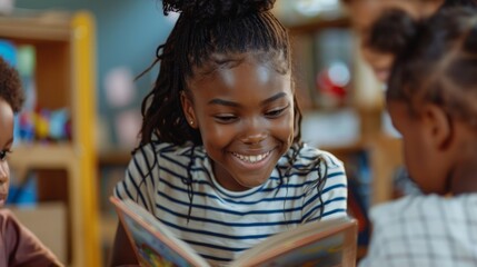 African-American girl reading a book to young children 