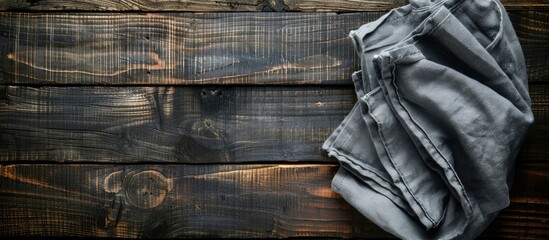 Poster - Dark wooden background featuring a set of neat napkins with copy space image