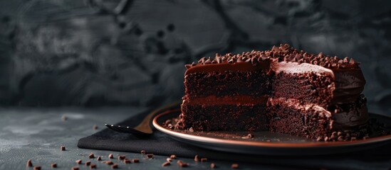 Aufkleber - Chocolate cake set against a dark backdrop with copy space image available