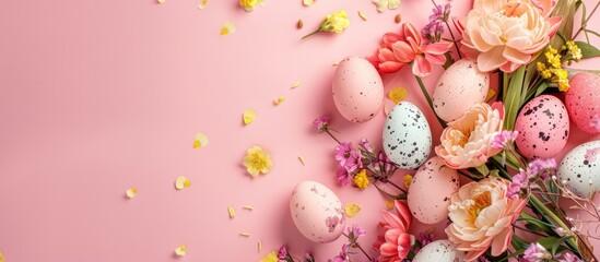 Leinwandbilder - Top down view of a floral arrangement on a pink background suitable for Easter providing space for text or images. Creative banner. Copyspace image