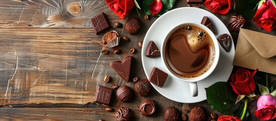 Aufkleber - A cup of coffee surrounded by chocolate candies roses and an envelope with a copy space image