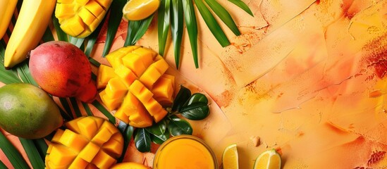 Poster - Colorful background showcasing tropical fruits and a fresh mango drink on a table with copy space image