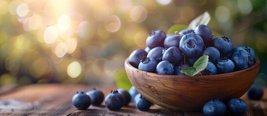 Poster - Blueberries in a wooden bowl on a table with a blurred background perfect for a copy space image