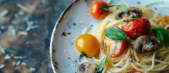 Aufkleber - A dish of spaghetti garnished with three tomatoes and mushrooms creating a visually appealing meal with copy space image