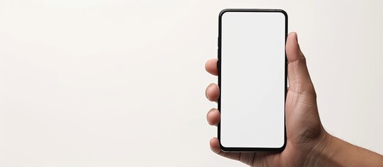 Poster - An Asian man s left hand holding a black smartphone with an empty white screen isolated on a white background suitable for copy space images Showcasing modern technology in a business office setting