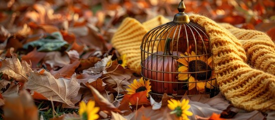 Aufkleber - A bronze cage sits on fallen maple leaves with sunflowers inside alongside an orange pumpkin and a yellow knitted sweater creating a cozy autumn copy space image