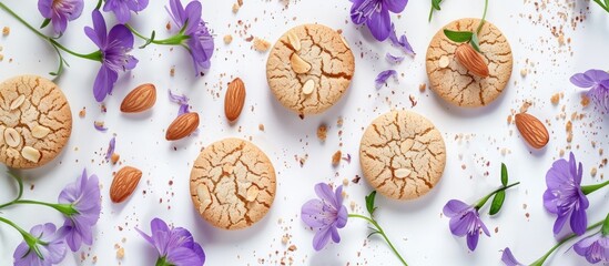Poster - Almond cookies in pastel colors alongside violet spring flowers on a white background for a copy space image
