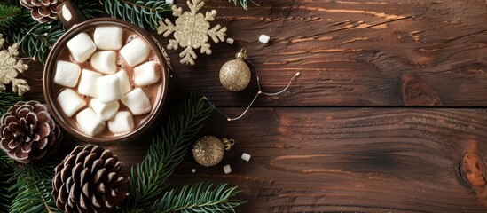 Aufkleber - Close up top view of hot chocolate with marshmallows on a holiday themed wooden backdrop adorned with Christmas decor and a fir tree featuring copy space image