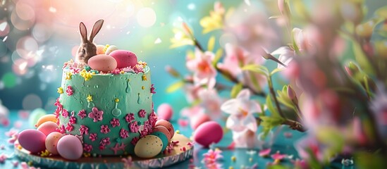 Aufkleber - A close up copy space image featuring a cake the Easter Bunny and colorful eggs is captured beautifully