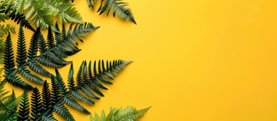 Poster - Autumn fern leaves on yellow backdrop with copy space image viewed from above in a minimalistic horizontal style