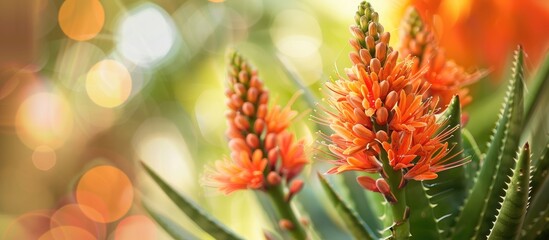 Sticker - An aloe plant flowering with vibrant orange blooms ideal for a copy space image