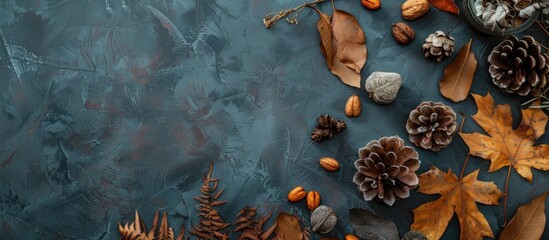 Aufkleber - Autumn themed arrangement with dried leaves and various decor elements on a table presented in a top view flat lay style with copy space image
