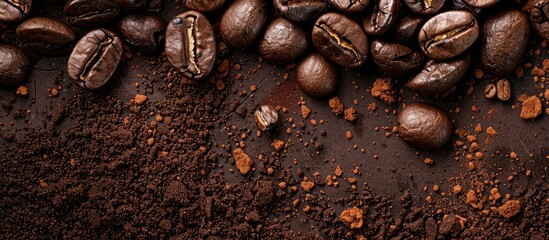 Sticker - Coffee bean grounds displayed on a copy space image for advertising