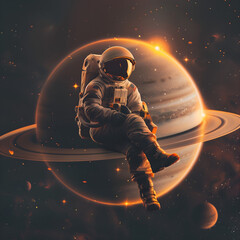 Wall Mural - a spaceman or astronaut sitting on saturn planet