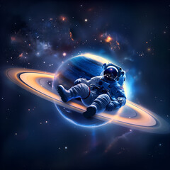 Wall Mural - a spaceman or astronaut sitting on saturn planet
