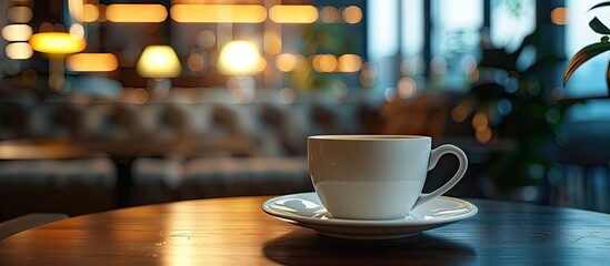 Sticker - Coffee cup on the table in a lounge bar background with copy space image