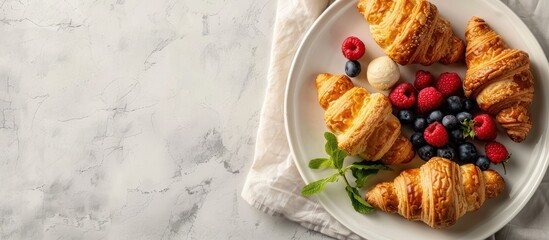 Poster - Top view of a breakfast spread featuring croissants and fresh fruits with copy space image