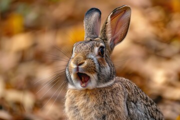 Wall Mural - A rabbit is looking at the camera with its mouth open