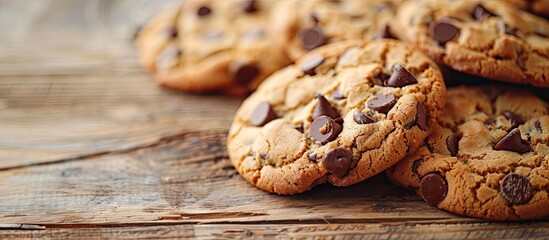 Poster - Close up of delicious chocolate chip cookies on a wooden surface with a background suitable for adding text or images ideal for a copy space image