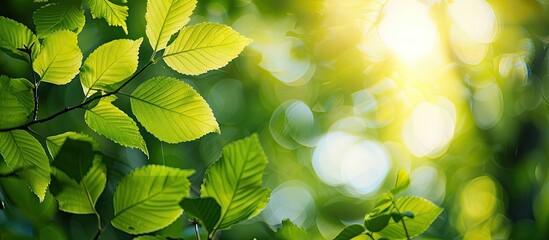 Fototapete - Captivating close up of lush green leaves against a blurred tree backdrop bathed in sunlight in a public park ideal for wallpapers with copy space image