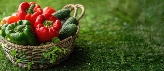 Poster - Bell pepper and cucumber displayed in a weaved basket on green grass background in the copy space image