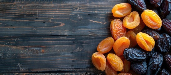 Poster - Top view of date fruits and dried apricots arranged on a rustic wooden table with copy space image