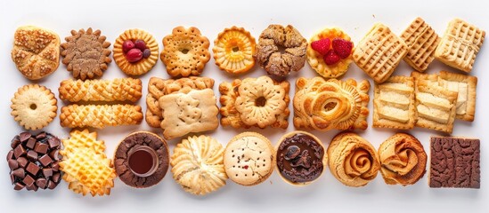 Poster - Assortment of biscuits for dessert snacking or breakfast isolated on a white background providing copy space image