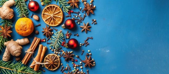 Aufkleber - View from above of Christmas spices on a blue background with copy space image available