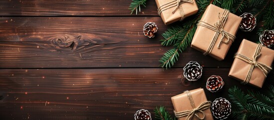 Sticker - Christmas atmosphere with gift boxes fir tree branch on wooden table creating a festive background with copy space image