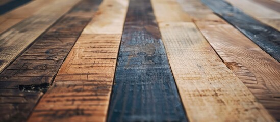 Wall Mural - Close up of a striped wooden table displaying an aged wood texture as the background for a copy space image