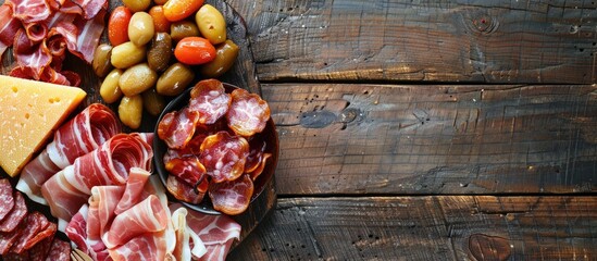 Poster - Top view of cold snacks like bacon cheese and liver paste on a wooden background with ample copy space image available